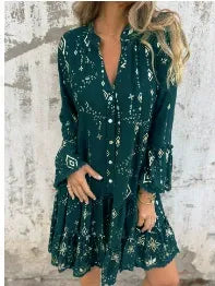 Robe femme – Coupe évasée – Manches cloche en dentelle – Ourlet à volants – Détails métalliques
