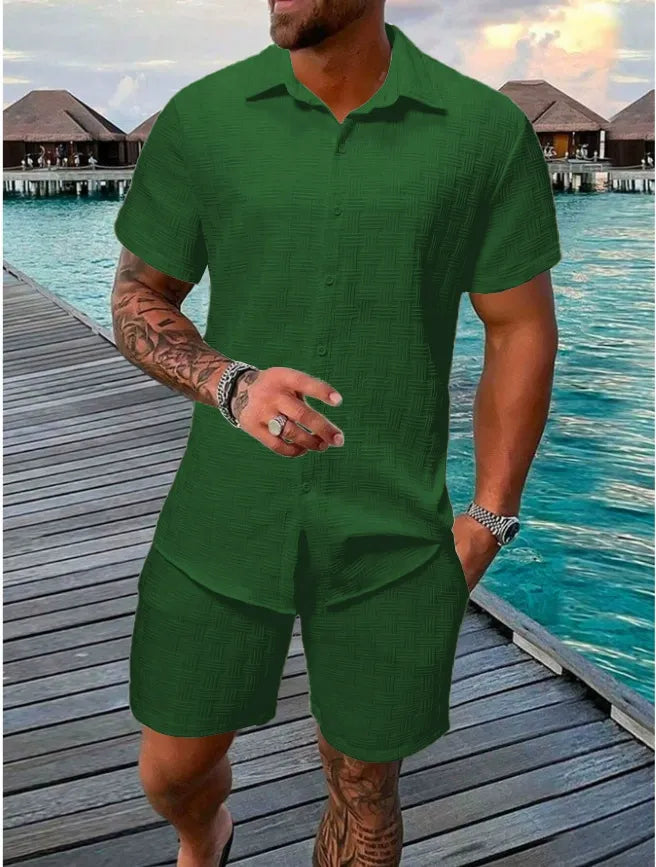 Ensemble homme chemise et short – coupe décontractée – texture jacquard – col classique
