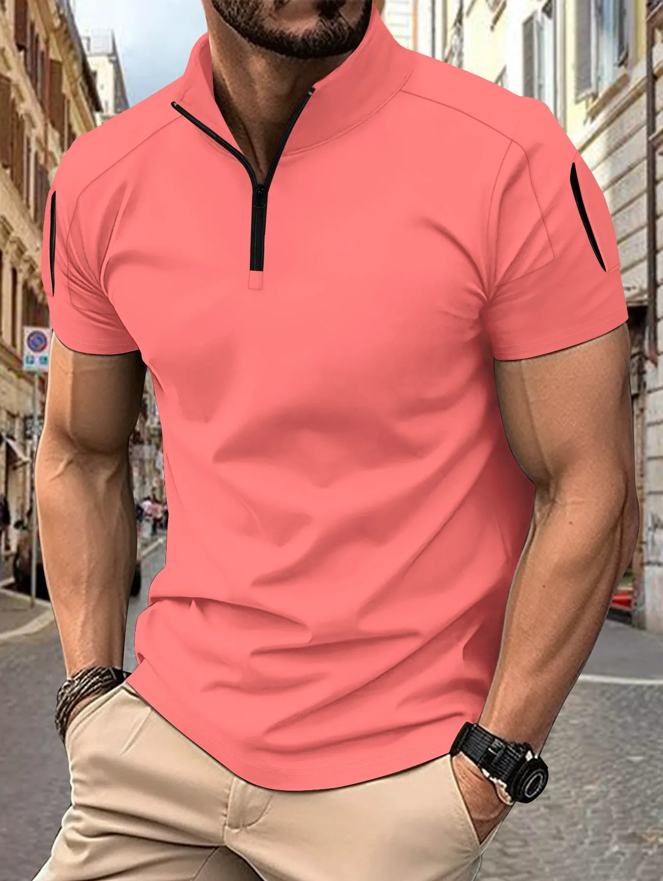 Polo homme – Coupe slim – Coton respirant – Col zippé – Poche manche tactique
