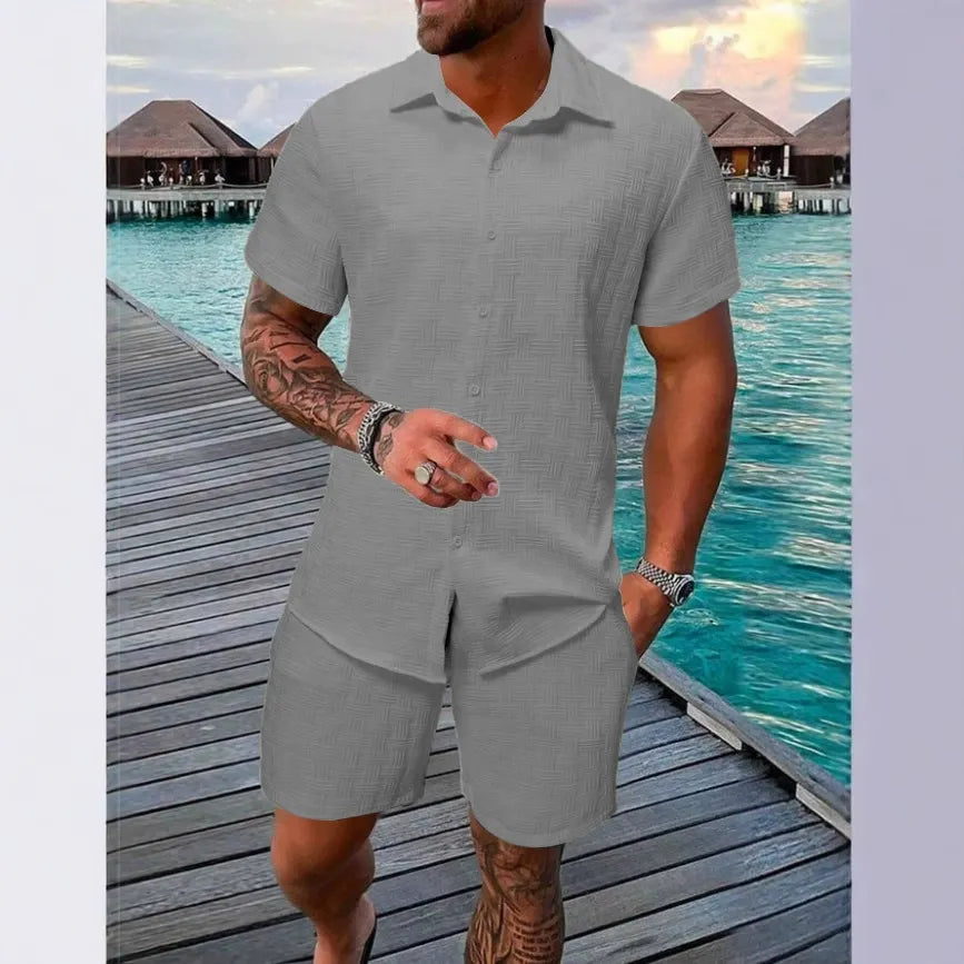 Ensemble homme chemise et short – coupe décontractée – texture jacquard – col classique