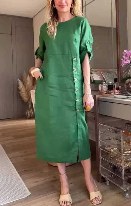 Robe midi femme – Coupe décontractée – Lin et coton – Manches courtes à liens – Boutons côtés