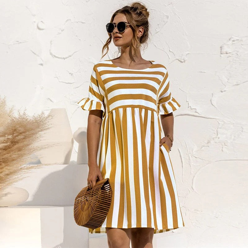 Mini robe pour femmes – Coupe décontractée – Manches à volants – Tissu respirant – Coupe évasée