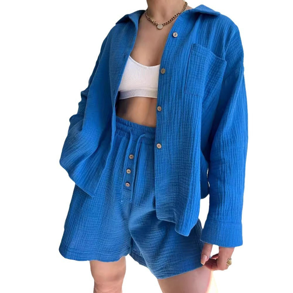 Ensemble Femme Deux Pièces – Chemise Ample à Manches Longues – Short Taille Haute Cordon