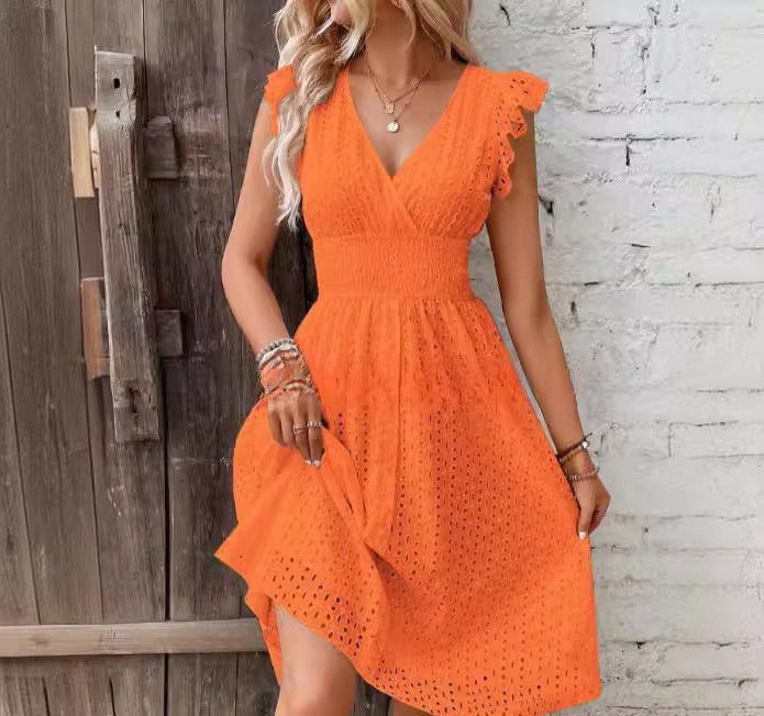 Robe midi femme – Coupe évasée – Broderie anglaise – Manches volantées – Décolleté croisé