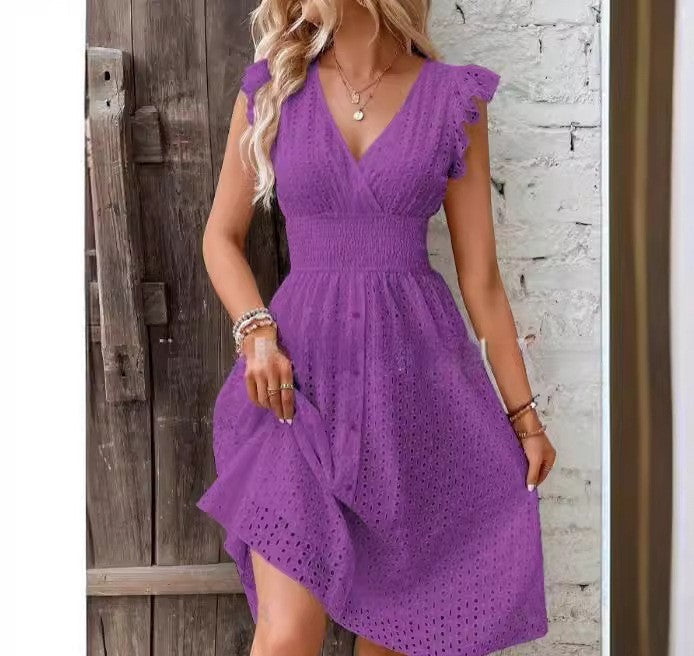 Robe midi femme – Coupe évasée – Broderie anglaise – Manches volantées – Décolleté croisé