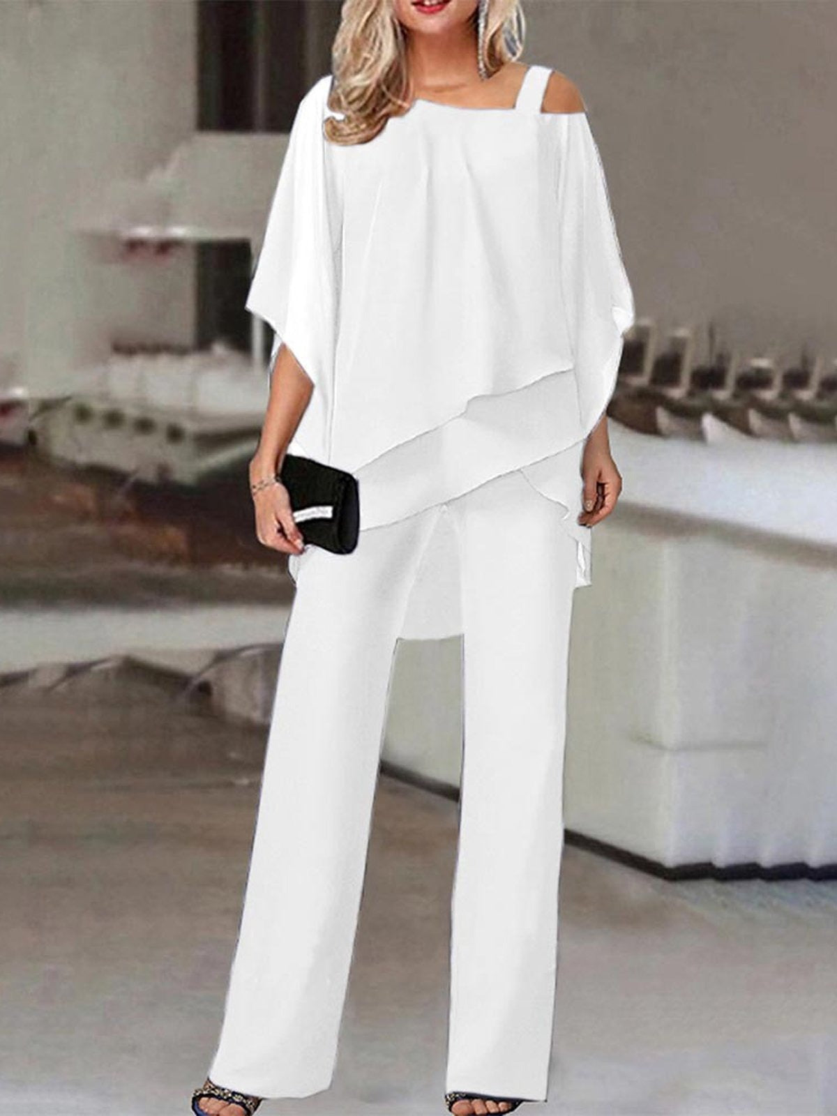 Ensemble deux pièces pour femmes – Haut Épaules Dénudées Fluide – Pantalon Long Coupe Droite