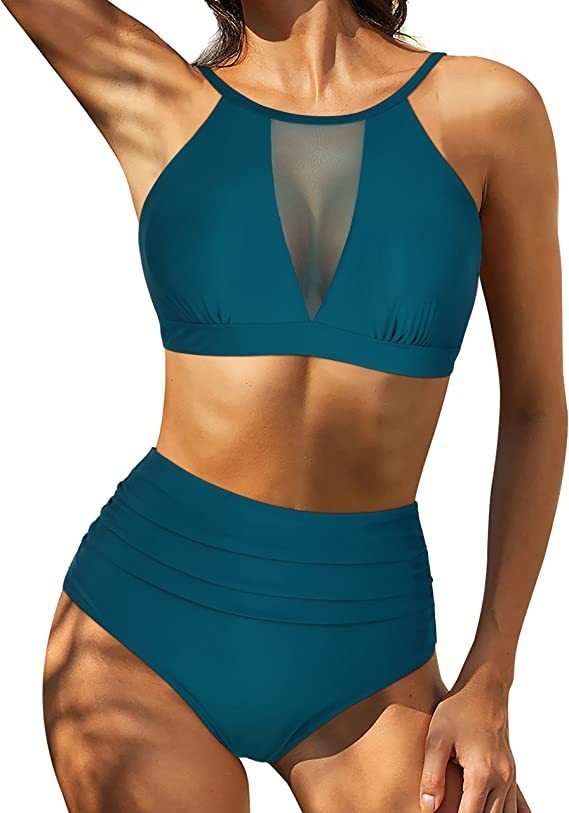 Bikini femme – Taille haute – Haut lacé à col halter – Détail ajouré – Tissu respirant