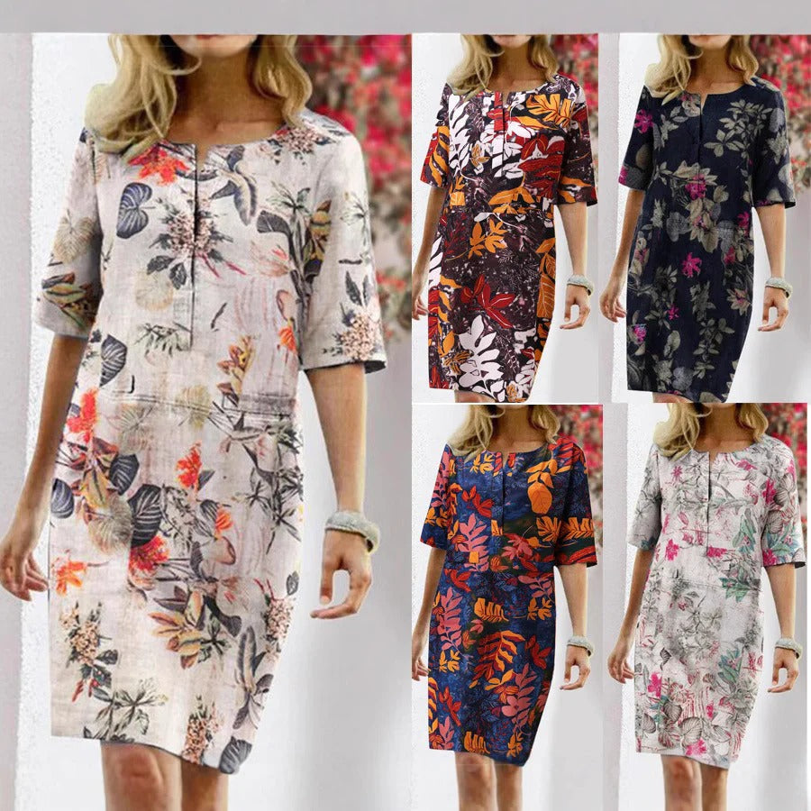 Robe droite femme – Imprimé tropical – Coupe décontractée – Mi-longue