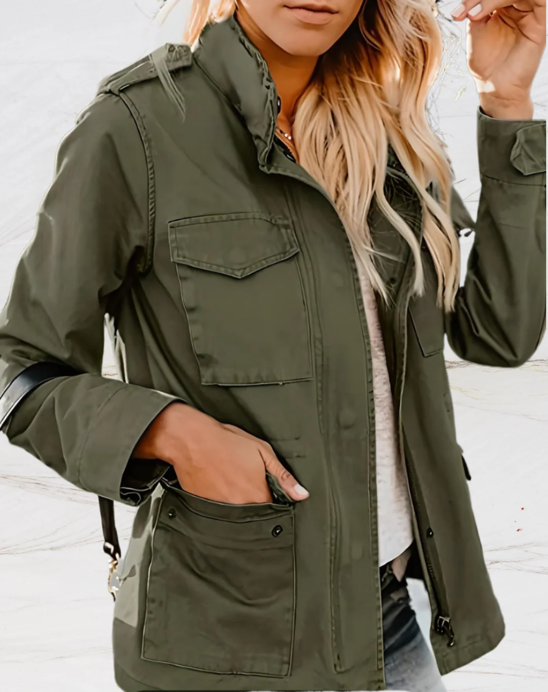 Veste utilitaire femme – Coupe régulière – Coton – Fermeture zippée et boutonnée – 4 poches