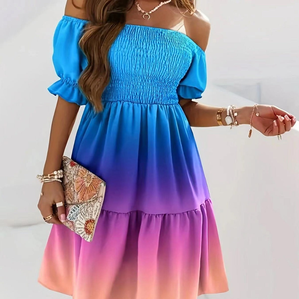 Robe midi femme – Épaule dénudée – Taille plissée – Imprimé bas – Coupe évasée