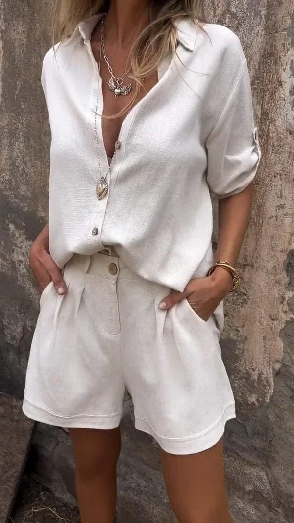 Ensemble chemisier et short pour femme – Coupe décontractée – Coton Lin – Manches courtes – Col classique boutonné