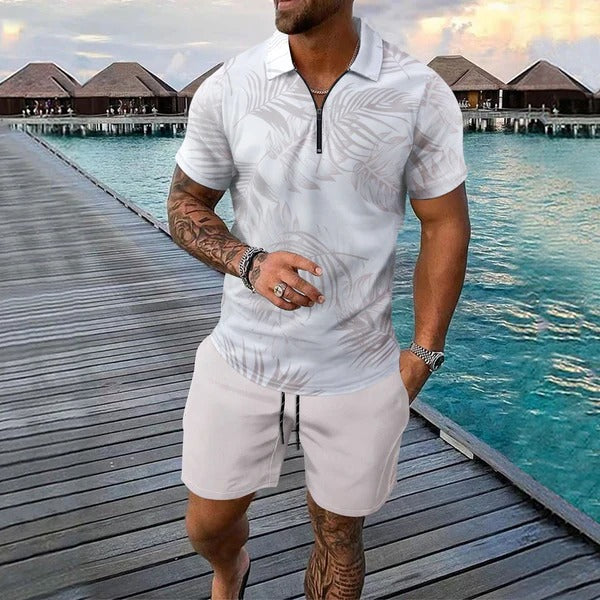 Ensemble homme polo et short – Coupe slim – Col zippé – Imprimé tropical