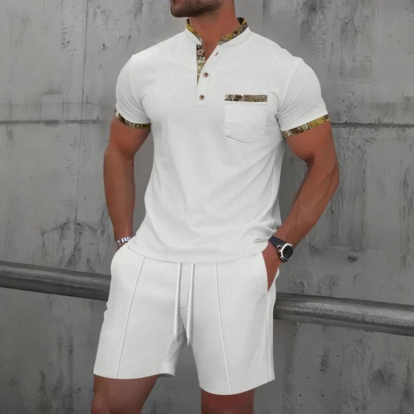 Ensemble Homme Décontracté – Coupe Slim – Coton – Manches Courtes – Poche Poitrine – Plastron à Boutons – Taille Cordon Ajustable