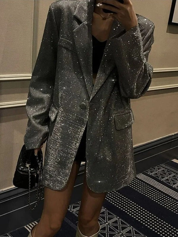 Blazer femme – Coupe oversize – Tissu texturé scintillant – Longueur mi-cuisse