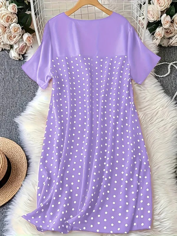 Robe femme trapèze – Pois – Coupe décontractée – Manches courtes – Longueur genou