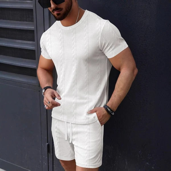 Ensemble Homme T-shirt et Short – Maille Texturée – Coupe Regular – Col Rond – Taille Cordon