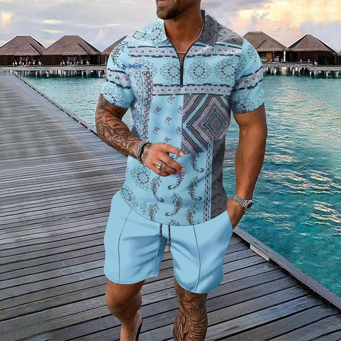 Ensemble homme – Polo zippé slim à imprimé digital + short genou