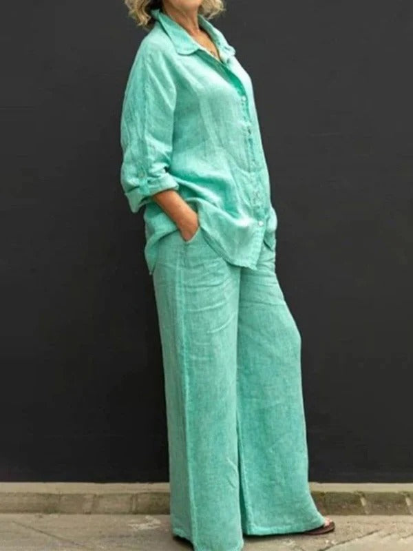 Ensemble Femme – Linnen Décontracté – Chemise Boutonnée – Pantalon Large Taille Haute