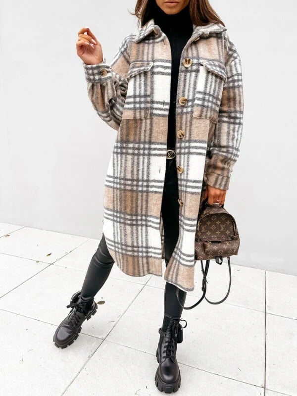Manteau femme – Coupe oversize – Motif à carreaux – Laine mélangée – Longueur genou