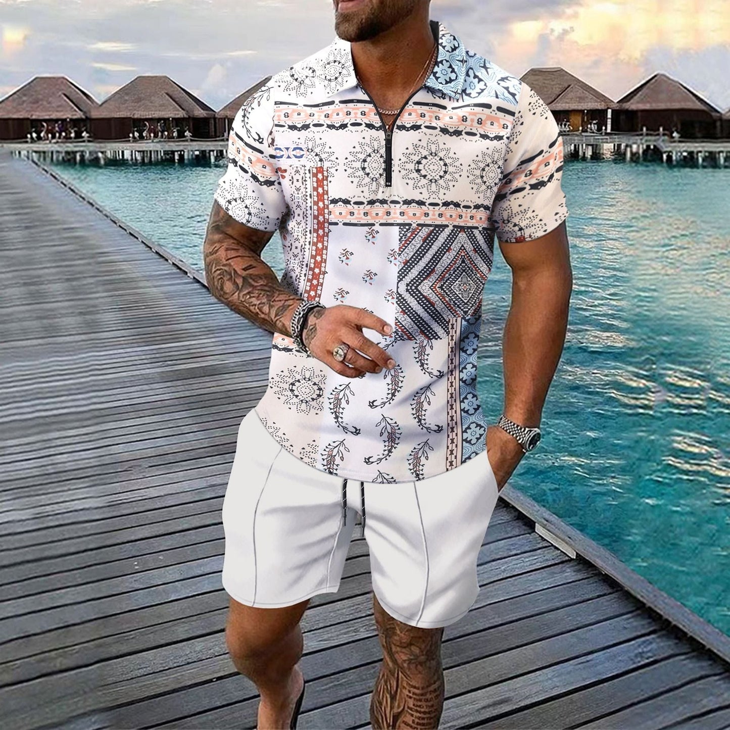 Ensemble homme – Polo zippé slim à imprimé digital + short genou