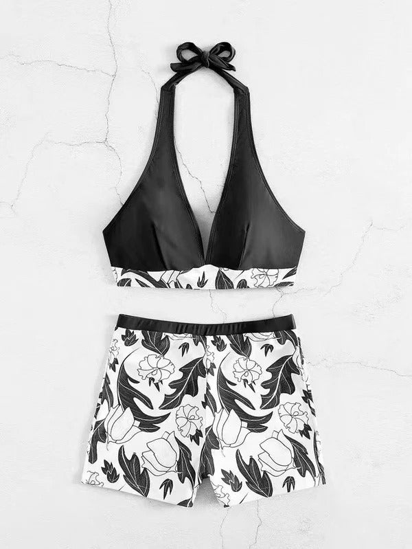 Maillot de bain femme – Bikini deux pièces – Haut dos nu – Short taille haute extensible – Imprimé fleuri