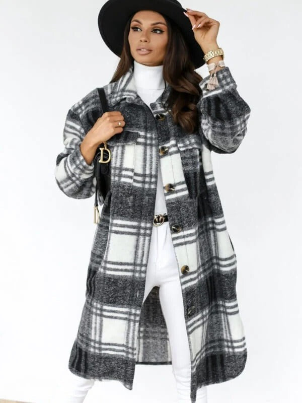Manteau femme – Coupe oversize – Motif à carreaux – Laine mélangée – Longueur genou
