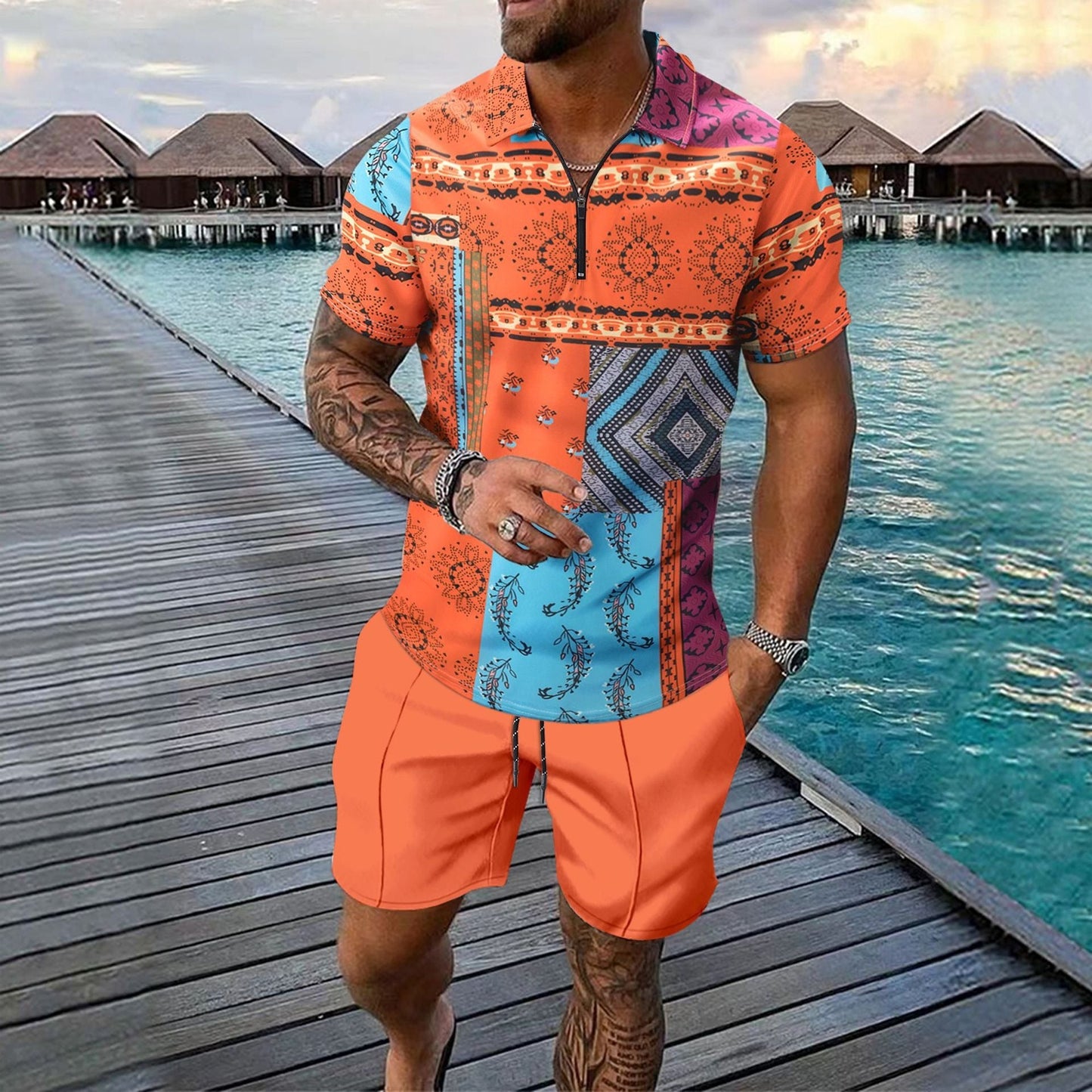 Ensemble homme – Polo zippé slim à imprimé digital + short genou