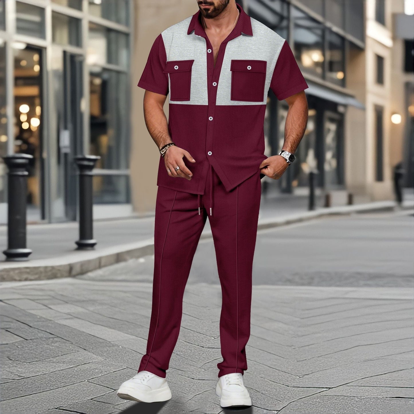 Ensemble Deux Pièces Homme – Maille Gaufrée – Chemise Relax Poches – Pantalon Cordon