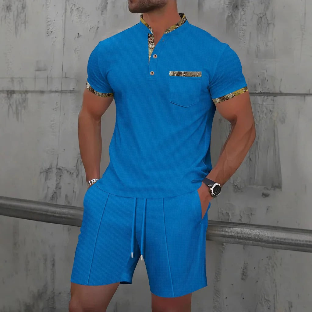 Ensemble Homme Décontracté – Coupe Slim – Coton – Manches Courtes – Poche Poitrine – Plastron à Boutons – Taille Cordon Ajustable