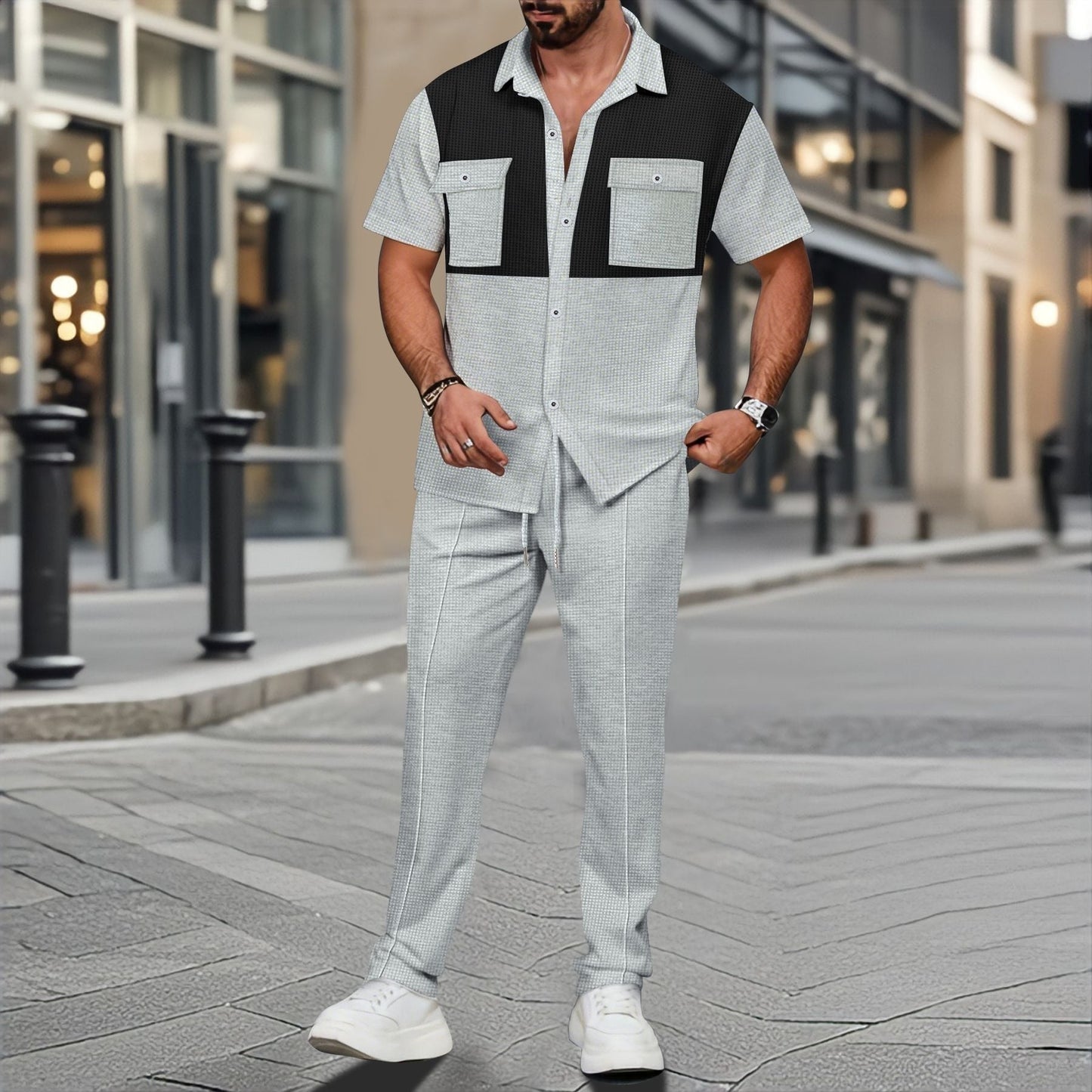 Ensemble Deux Pièces Homme – Maille Gaufrée – Chemise Relax Poches – Pantalon Cordon