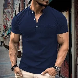 Chemise homme manches courtes – Coupe slim – Col montant – Coton – Poche poitrine