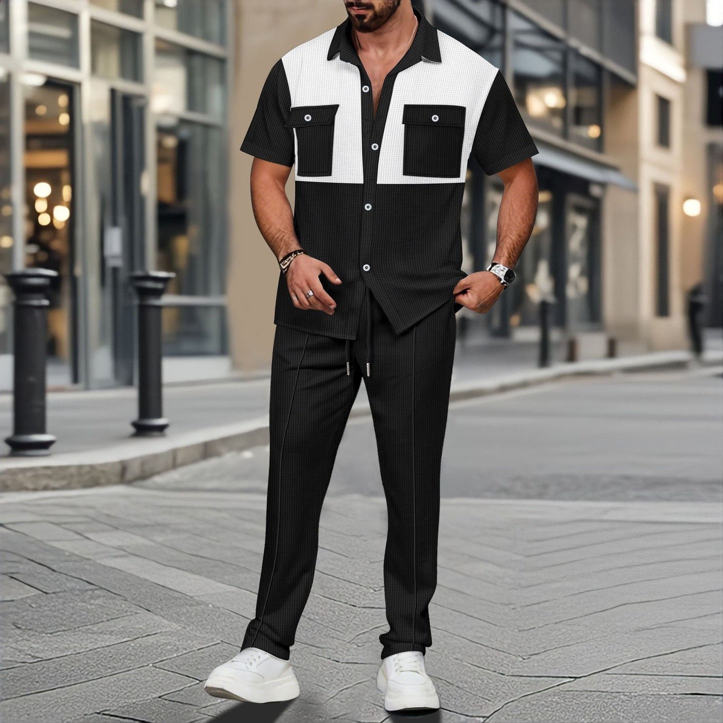 Ensemble Deux Pièces Homme – Maille Gaufrée – Chemise Relax Poches – Pantalon Cordon