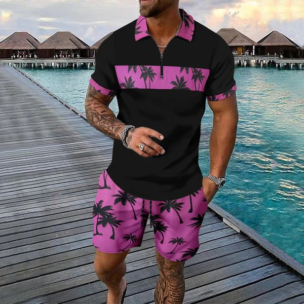 Ensemble décontracté homme – Polo zippé ajusté – Short à cordon tropical