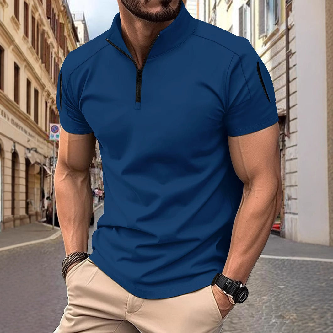 Polo homme – Coupe slim – Coton respirant – Col zippé – Poche manche tactique