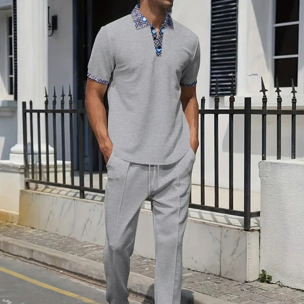 Ensemble décontracté homme – Haut manches courtes col motif – Pantalon fuselé élégant