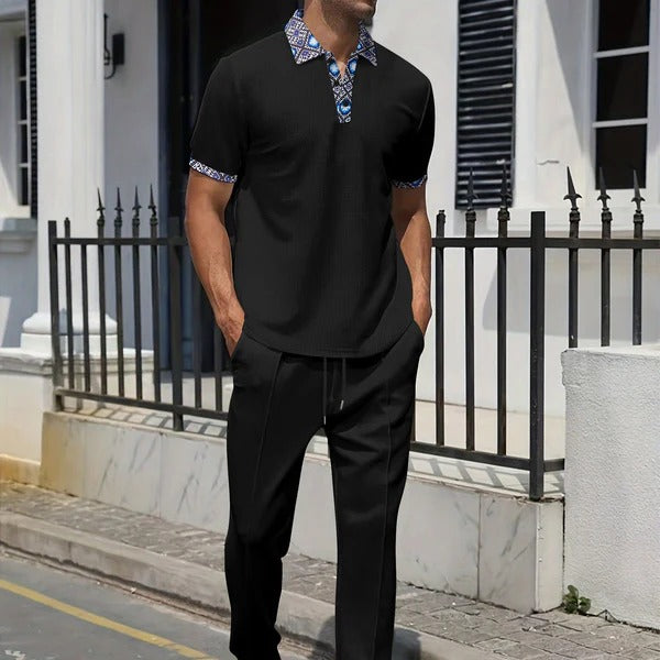 Ensemble décontracté homme – Haut manches courtes col motif – Pantalon fuselé élégant