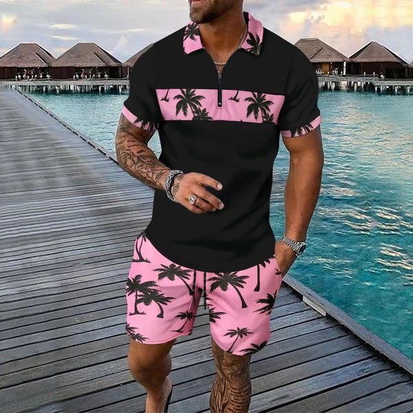 Ensemble décontracté homme – Polo zippé ajusté – Short à cordon tropical