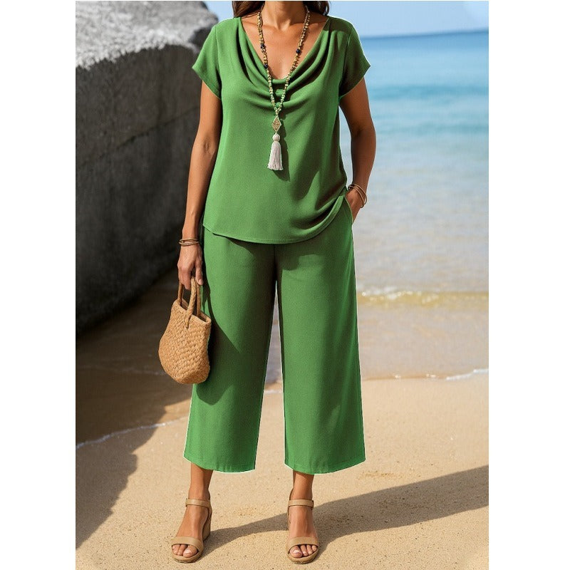 Ensemble Femme Deux Pièces – Haut Col Dégagé Manches Courtes – Pantalon Large Capri