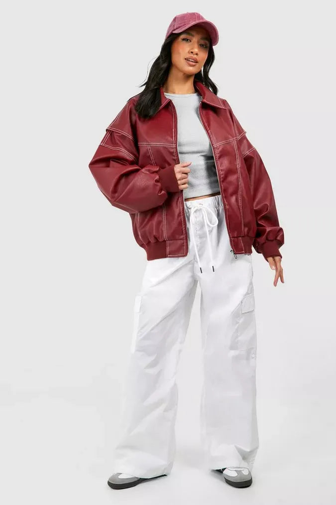 Veste femme en cuir – Coupe oversize – Fermeture zippée – Poignets côtelés