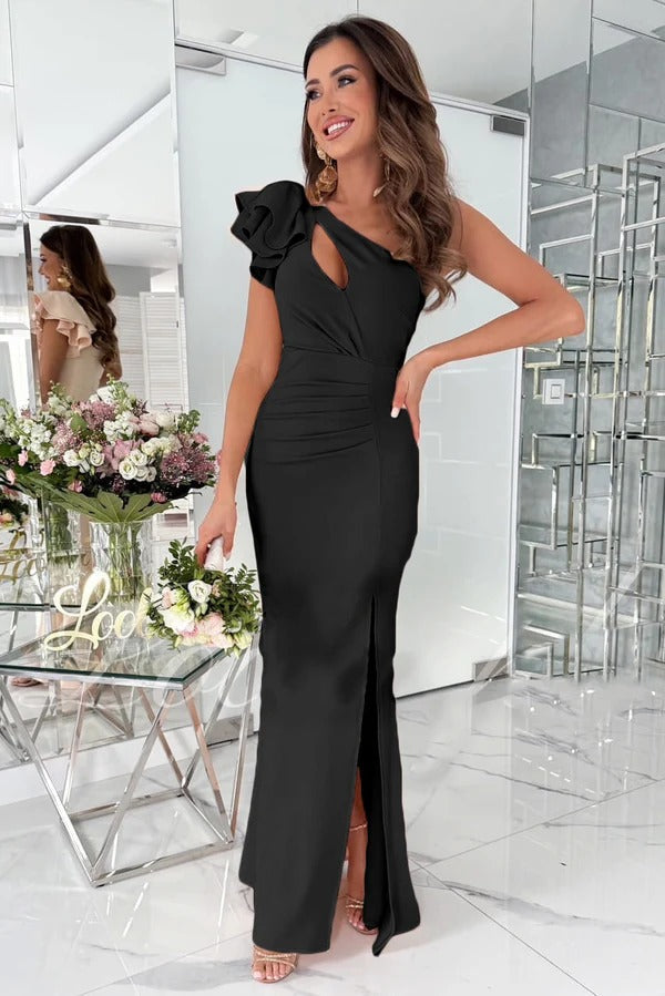 Robe de soirée femme – Coupe ajustée – Effet satin – Encolure asymétrique – Volant épaule