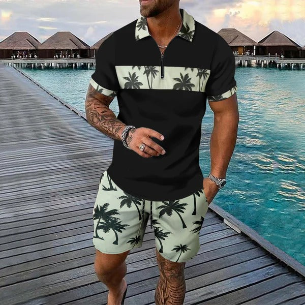 Ensemble décontracté homme – Polo zippé ajusté – Short à cordon tropical