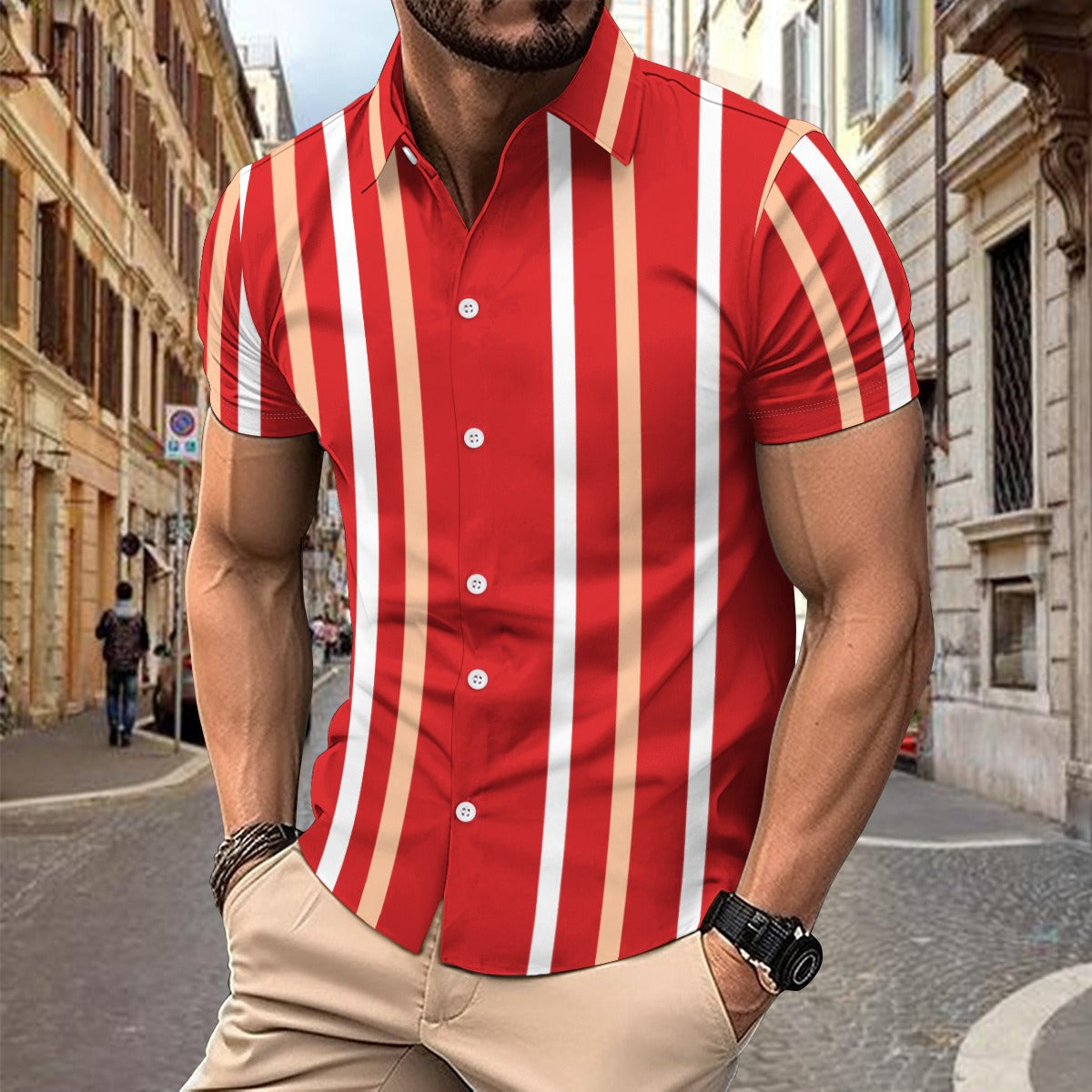 Chemise homme manches courtes – Coupe slim – Coton – Rayures verticales