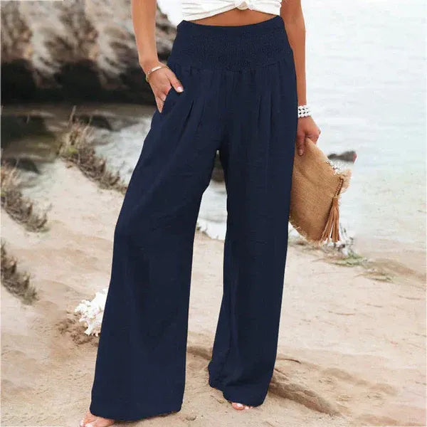 Pantalon large femme – Taille haute – Lin respirant – Coupe ample fluide