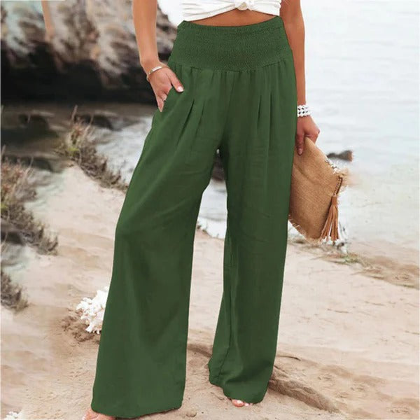 Pantalon large femme – Taille haute – Lin respirant – Coupe ample fluide
