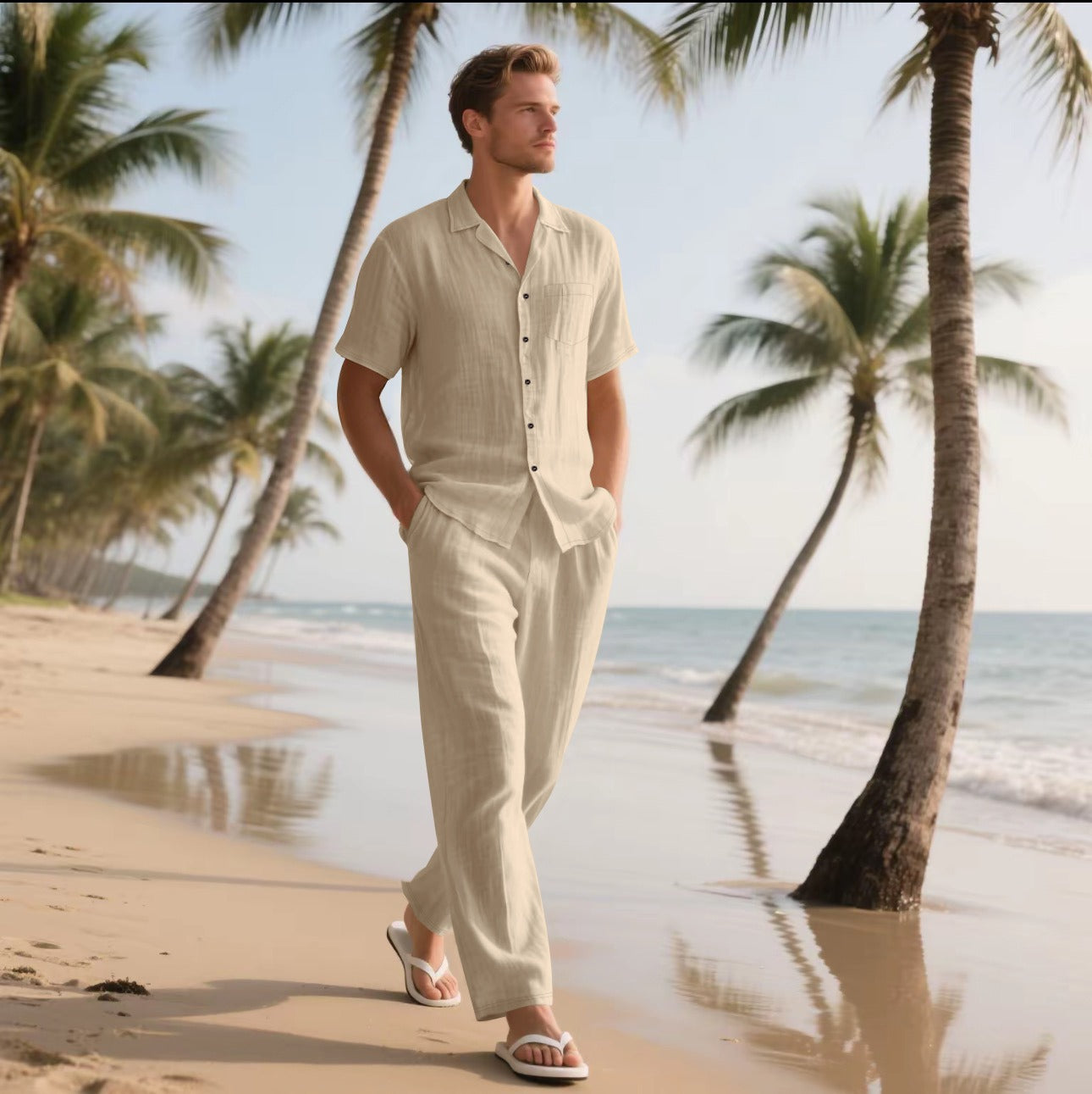 Ensemble Homme Chemise et Pantalon – Lin – Coupe Décontractée – Manches Courtes – Taille Élastique