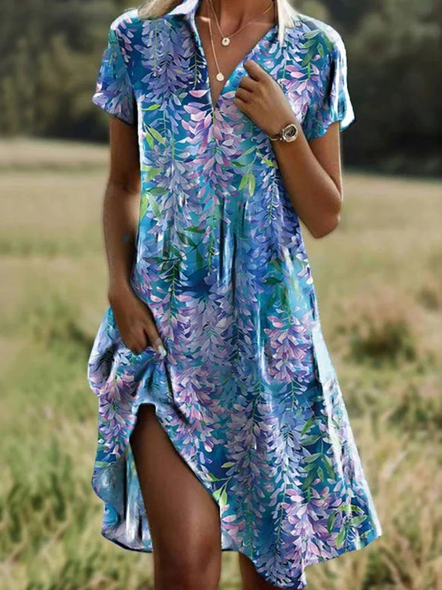 Robe Mini Femme – Coupe Décontractée – Tissu Respirant – Manche Courte – Col V Fleuri