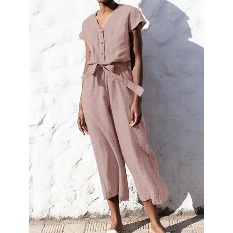Combinaison femme – Col en V – Coton – Manches courtes – Coupe fluide – Jambe raccourcie