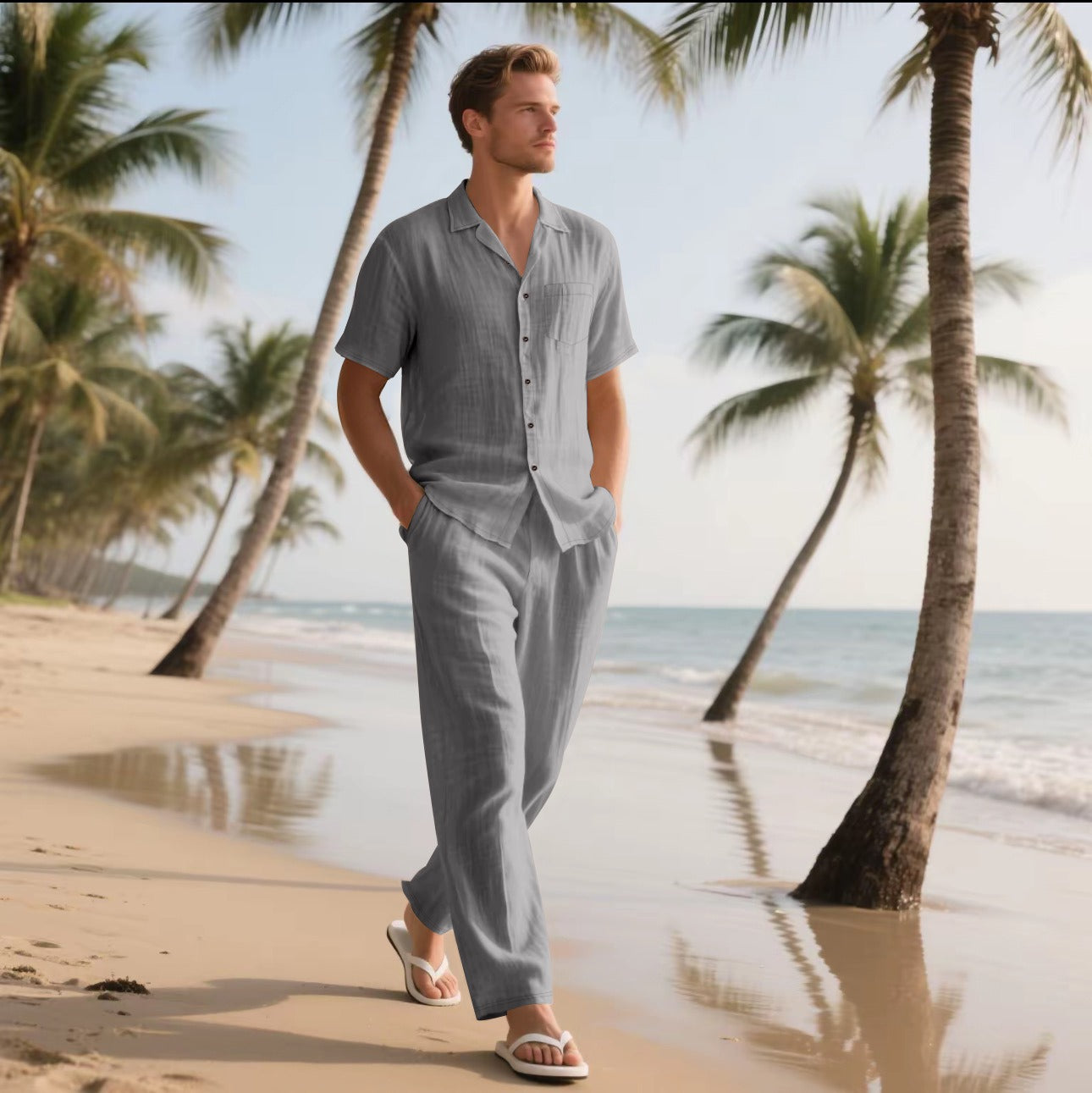 Ensemble Homme Chemise et Pantalon – Lin – Coupe Décontractée – Manches Courtes – Taille Élastique