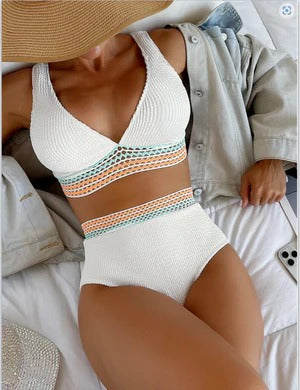 Bikini femme - Coupe sculptante - Taille haute - Détail filet - Texture côtelée