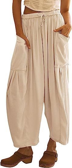 Pantalon femme – Coupe ample – Coton respirant – Taille cordon – Longueur totale
